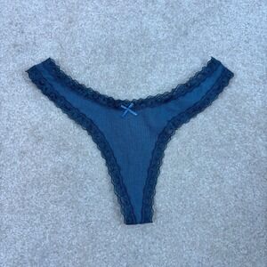 SKIMS Ribbed Cotton Lace Trim Thong Panty Dark Teal Blue Small NWOT